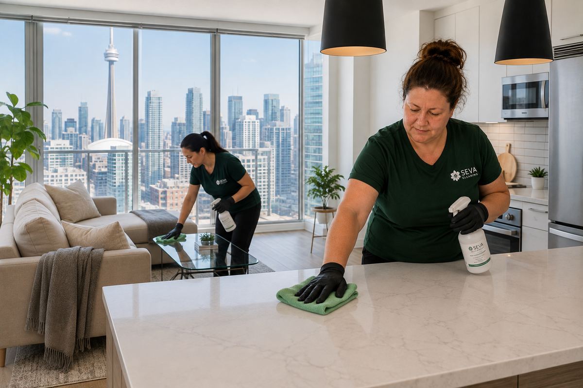 Two SEVA cleaners at work in a downtown Toronto condo with skyline views