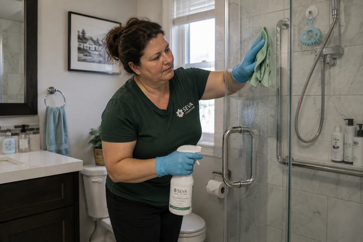 SEVA cleaner detailing a glass shower door during a deep cleaning