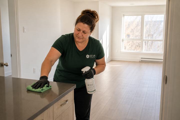 SEVA cleaner wiping counters in an empty condo before a move-in