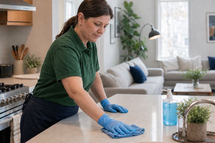 SEVA cleaner in branded uniform wiping a kitchen island during a regular cleaning